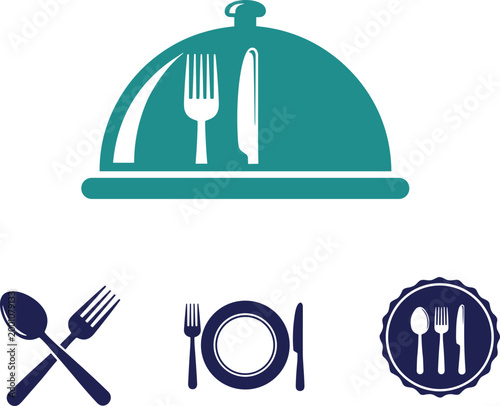 Elegant Food Service Icon Set Featuring Cloche, Fork, Knife, Plate, and Cutlery for Restaurant, Catering, and Dining Designs