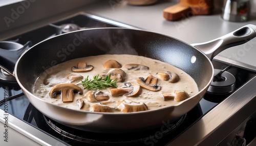 creamy mushroom sauce simmering in a skillet over low heat in a modern kitchen