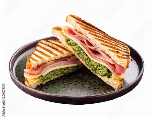 grilled ham and cheese panini with pesto sauce on crispy bread n isolated on white background