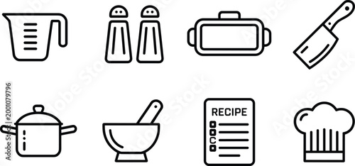 Vector illustration of kitchen tools including measuring cup, salt shakers, rolling pin, cleaver, cooking pot, mortar, recipe sheet, chef hat