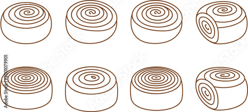 Vector illustration of spiral pastry shapes resembling cinnamon rolls with varied patterns