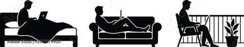 Freelance remote worker man working on laptop in bed on sofa and balcony terrace comfortable home office lifestyle workflow silhouettes.