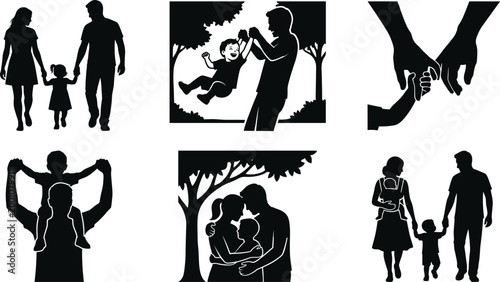 Happy family silhouette set featuring parents and children walking, holding hands, playing outdoors, carrying baby, and hugging under a tree.