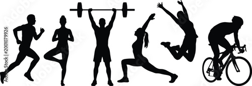 Comprehensive Fitness and Healthy Lifestyle Vector Silhouette Set Featuring Running Yoga Weightlifting Stretching Jumping and Professional Outdoor Cycling for Stock Design