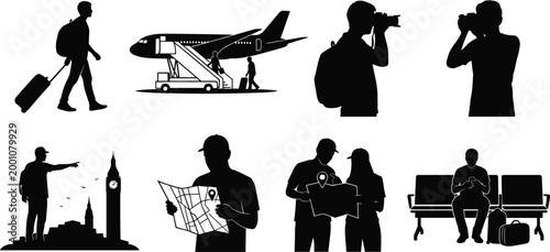 Traveler silhouettes collection featuring tourists with luggage, airplane boarding, photography, sightseeing in London, map reading, and waiting at airport terminal.