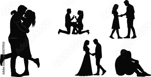 Romantic couple silhouettes set featuring man proposing, lovers hugging, walking hand in hand, wedding dress bride, and pair sitting together peacefully.