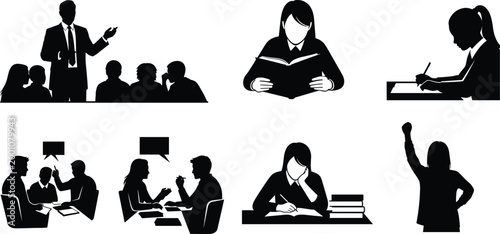 Education and learning icon set featuring students studying, reading books, writing notes, classroom lecture, group discussion, and academic success silhouettes.