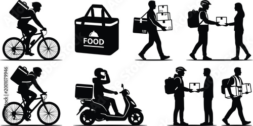 Food and Package Delivery Service Icons with Courier on Bicycle, Scooter, and Foot Delivering Orders to Customers for Logistics Marketing
