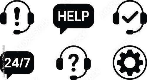 Vector illustration of customer support icons including headset, help bubble, 24/7 service, check mark, question mark, and gear symbol