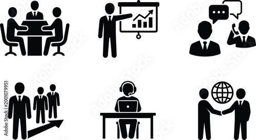 Professional Business Management Icon Set Featuring Corporate Leadership, Team Collaboration, Data Presentation, Global Networking, Customer Support, and Strategic Communication Concepts