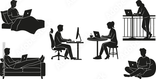 Remote Work and Freelance Lifestyle Silhouette Collection Featuring People Working on Laptops in Bed on Sofa at Cafe and Desk