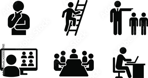 Business management icons set featuring career growth, strategic thinking, team leadership, remote video conferencing, corporate meetings, and office laptop productivity.