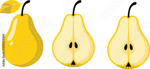 Vector illustration of whole and halved yellow pears with seeds, stems, and leaves for fresh fruit and nutrition themes