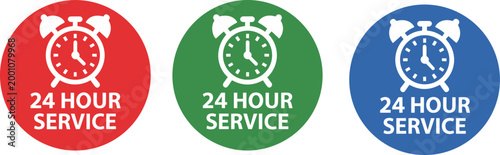 Vector illustration of 24 hour service icons with alarm clock symbol in red, green, and blue circular variations