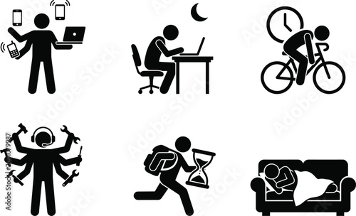 This image effectively illustrates the high-pressure reality of the modern gig economy, multitasking, and the physical exhaustion associated with "hustle culture."