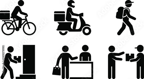 Delivery Service Icons Set Featuring Courier on Bicycle, Scooter, Walking, Doorstep Drop-off, Customer Pickup at Counter, and Package Handover Logistics