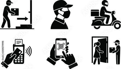 Contactless delivery service icons set featuring courier with mask, parcel shipping, contactless payment with credit card, QR code scanning and delivery.