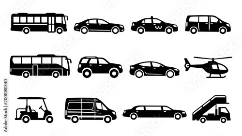 Airport Transfer Vehicle Icon Set – Shuttle Bus, Taxi, Limousine and Transport Silhouettes