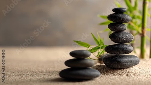 Stacked black stones with bamboo leaves on textured surface