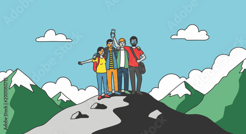 Diverse group of friends celebrating on a mountain peak, capturing a selfie with a smartphone, enjoying a scenic view.
