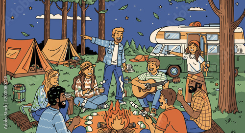Diverse group of friends camping at night, gathered around a warm campfire in the forest, roasting marshmallows, playing guitar, and enjoying outdoor adventure and camaraderie.
