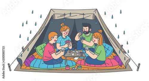 Illustration of friends having fun playing cards inside a tent during a rainy camping adventure, depicting indoor recreation and bonding.