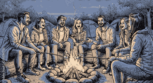 A diverse group of friends laughing and toasting marshmallows around a campfire at night in a forest campsite