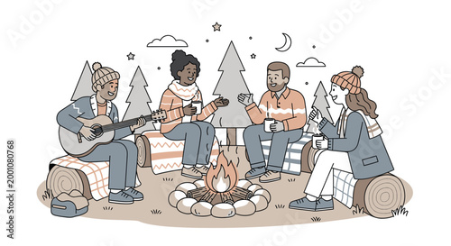 Diverse group of friends enjoying a campfire in the woods, singing and talking, illustrating friendship and outdoor leisure activities.