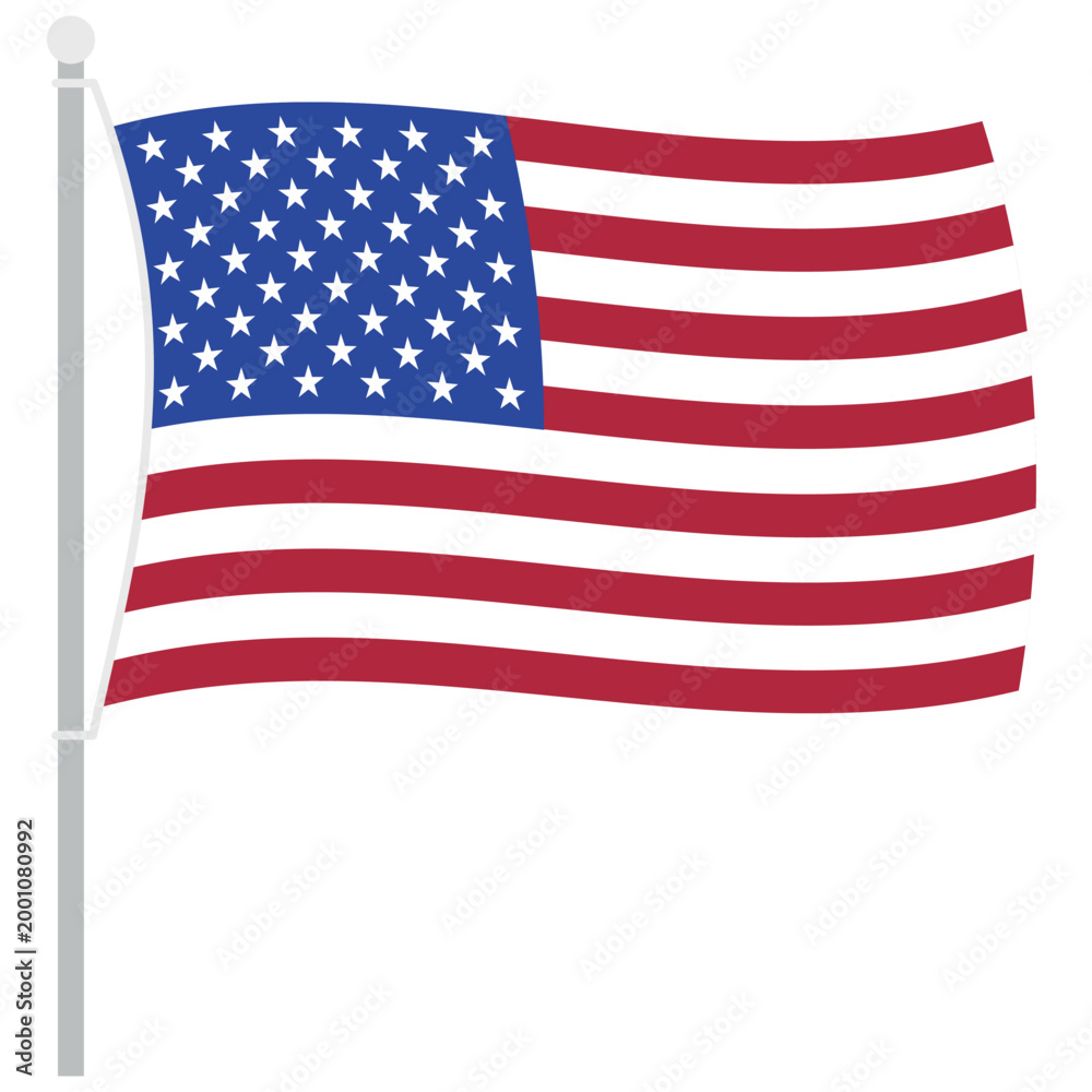 Fototapeta premium Clean stylized vector illustration of United States flag on gray flagpole. Subtle wave effect for movement. Ideal for web design print materials or patriotic events.