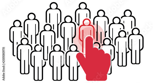 Vector illustration of a crowd of people icons with one individual highlighted and selected by a clicking hand pointer. Ideal for marketing HR recruitment targeting UI concepts or web design.
