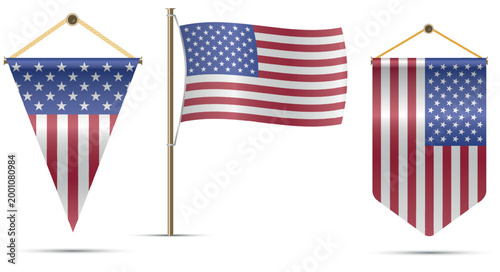 American flag set flagpole pennant and vertical banner vector