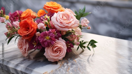 A photo of a vibrant bouquet on a marble surface.