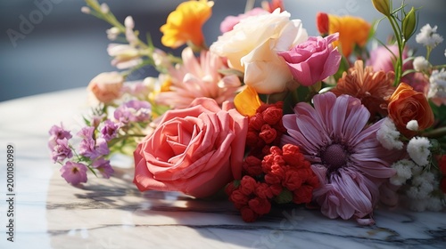 A photo of a vibrant bouquet on a marble surface.