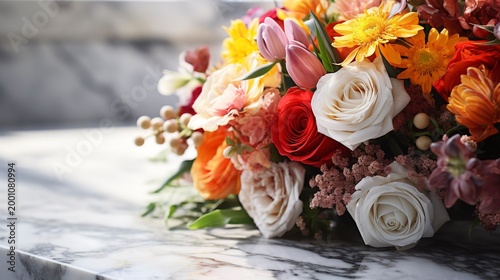 A photo of a vibrant bouquet on a marble surface.