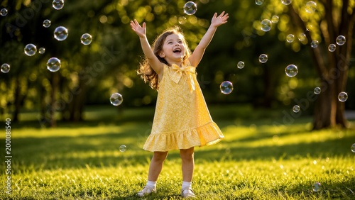 Happy young girl in a yellow dress laughs while playing with soap bubbles in a sunny green park during the golden hour.