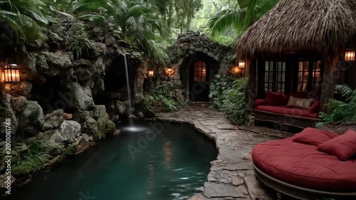 Tranquil outdoor scene with a pool seating and lush vegetation
