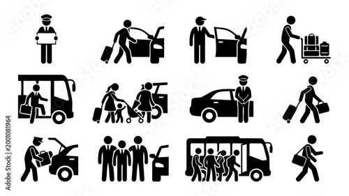 Airport Transfer Service Icons – Chauffeur, Passenger, Luggage and Shuttle Silhouettes