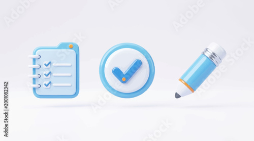 3 d rendered checklist checkmark and pen on white background with copy space