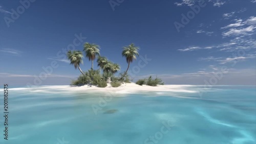 Tropical island paradise scene with palm trees and clear blue water