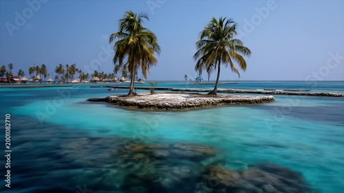 Tropical island scene with palm trees and turquoise ocean