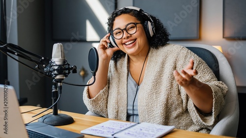Joyful plus size woman recording podcast with professional microphone and headphones in studio