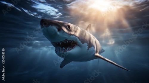 Underwater majestic shark swimming in deep ocean sunlight beams