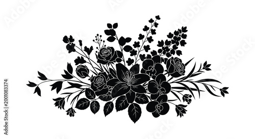 Elegant floral silhouette a black and white botanical illustration of blossoming flowers and leaves