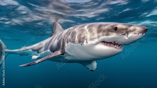 Underwater shot of a great white shark swimming in the ocean