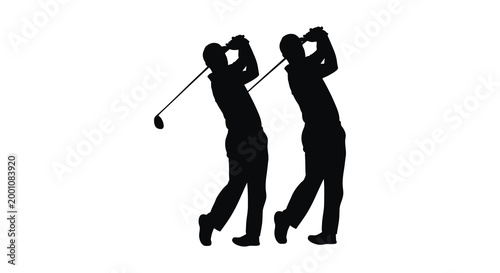 Golfing silhouette two players in mid swing against a white background