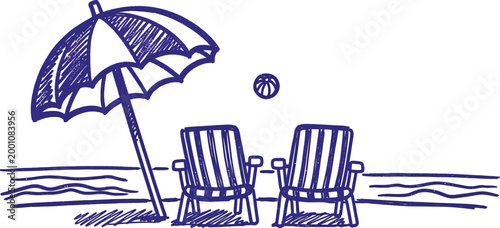 Two beach lounge chairs and umbrella sketch on sandy ocean coastline