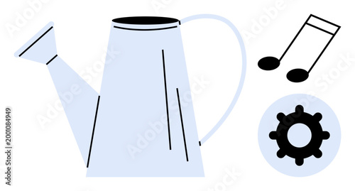Creativity concept. Creativity through a watering can nurturing ideas, a gear for innovation, and music notes for artistic inspiration. Creativity in arts, innovation, nurturing, lifestyle