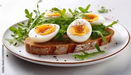 soft boiled egg slices on whole grain bread with fresh arugula and black pepper served on white plate for healthy meal