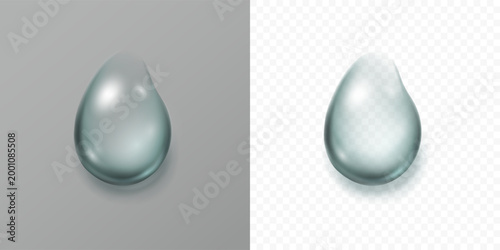 Water rain drop isolated on transparent background. Realistic collagen droplet. Vector clear bubble, 3d aqua element or fresh dew template