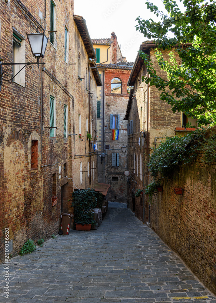 Fototapeta premium Medieval narrow street with tables of restaurant in Siena, Tuscany, Italy. Architecture and landmark of Siena. Cozy cityscape of Siena
